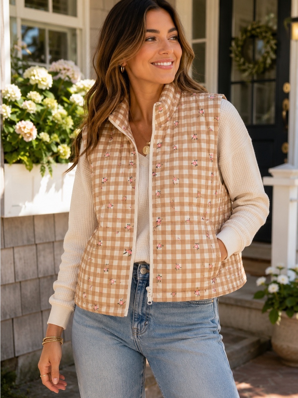 NWT Love, Fire Floral Gingham Puffer Vest Beige Check Zip Front Quilted